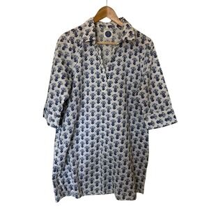 Navy Bleu Tunic Dress Women Medium Blue White Cotton Floral Block Print Exc.